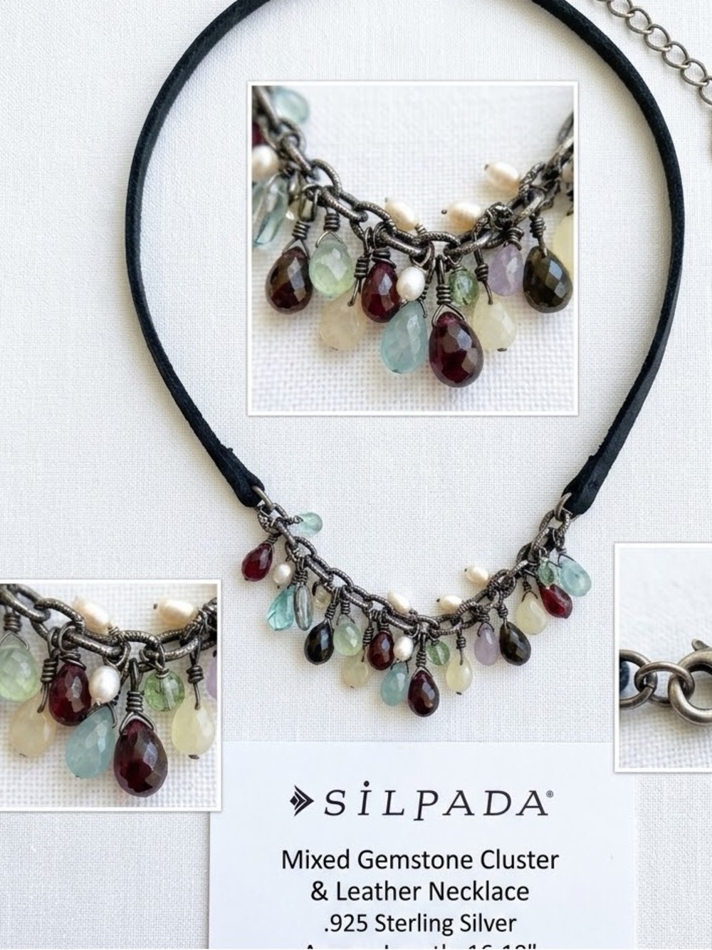 Silpada boho chic glass bead and stone leather choker necklace 8”